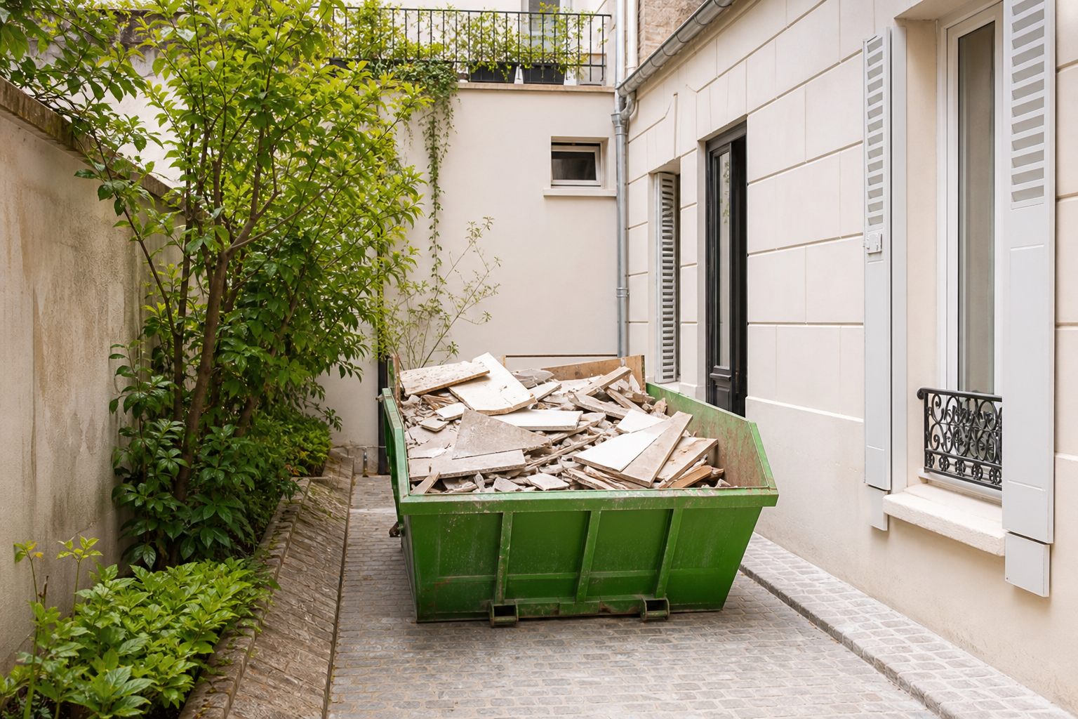 Benne posée dans une cour étroite