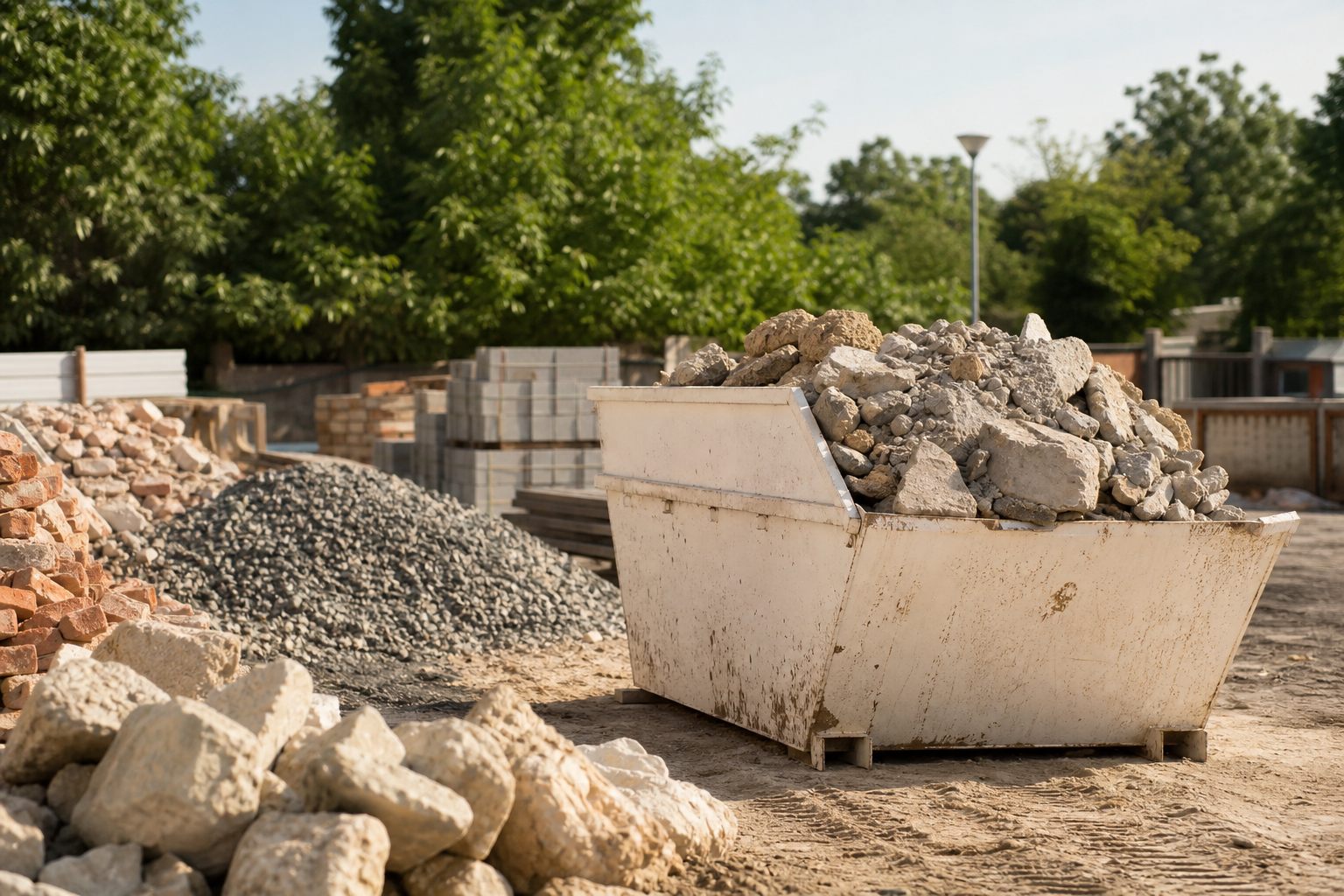 Benne remplie de gravats sur un chantier organisé