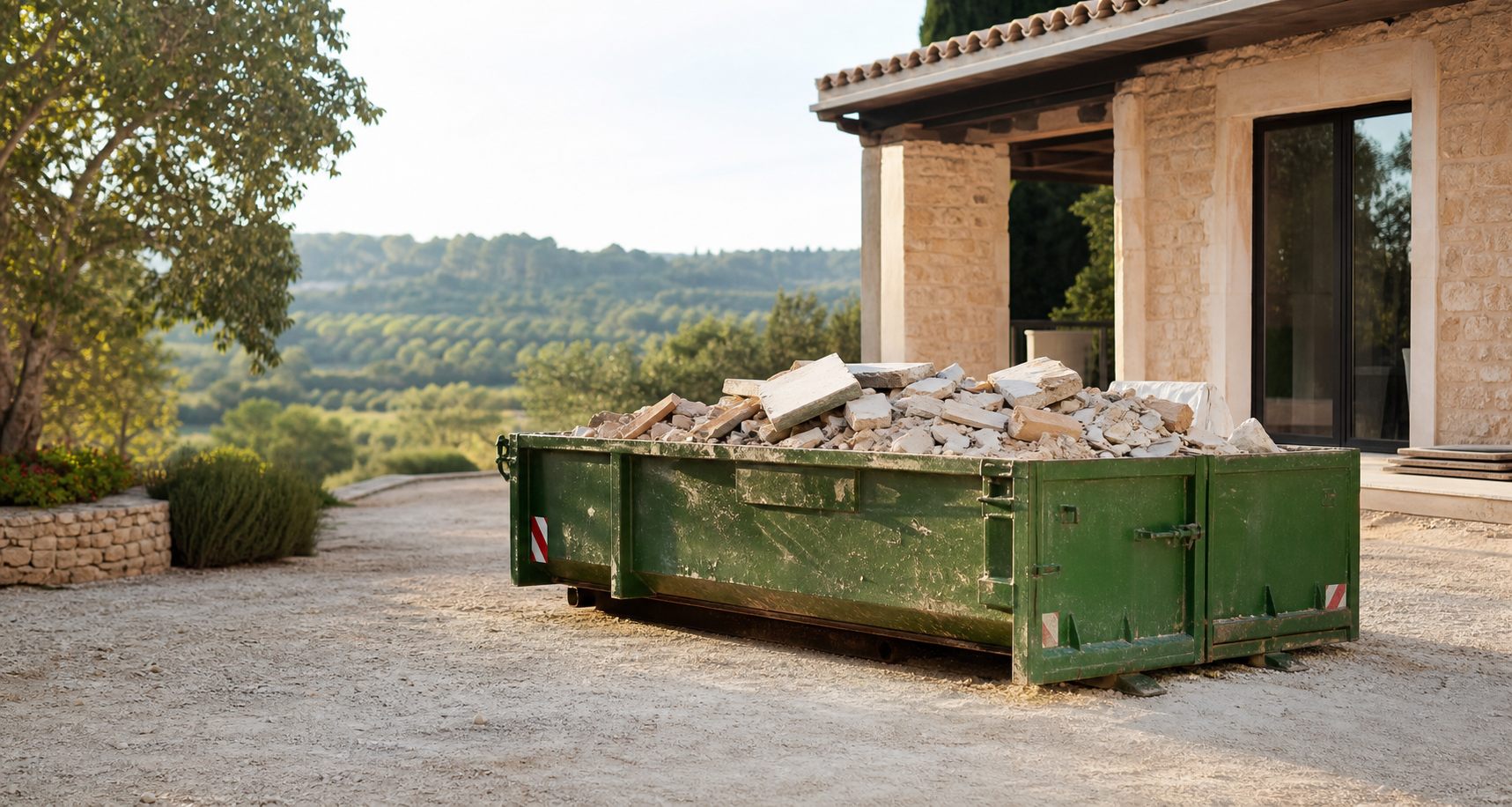 Benne de chantier dans un environnement propre et verdoyant