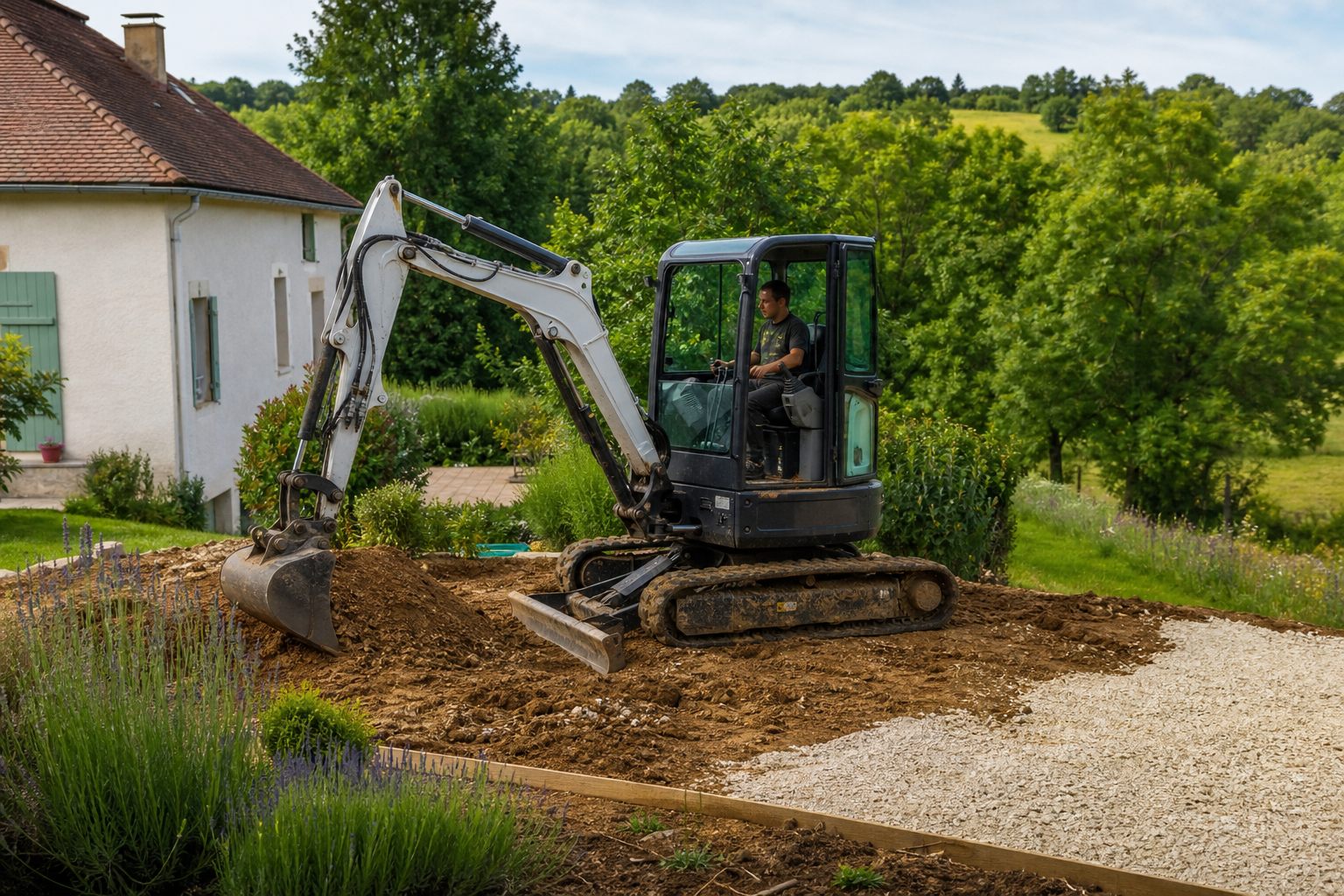Mini-pelle travaillant sur un petit chantier de terrassement