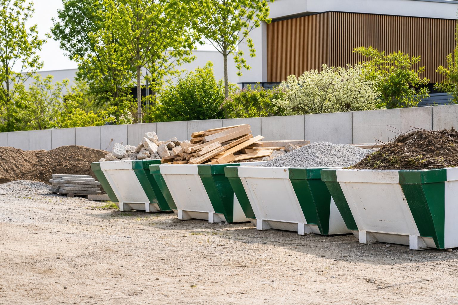 Bennes propres avec matériaux triés dans un environnement végétalisé